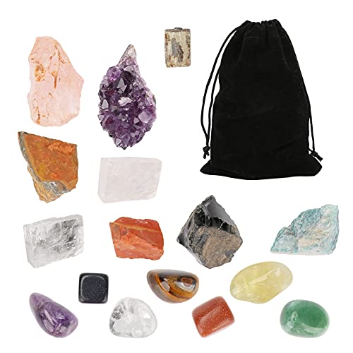 icyant Chakra Cristaux de Roche Brute, 15 Ensemble de Cristaux de Guérisoncomprend 7 Pierres de Chakra Brutes 7 Pierres Roulées 1 Grappe D'améthyste pour la Méditation Yoga de Guérison