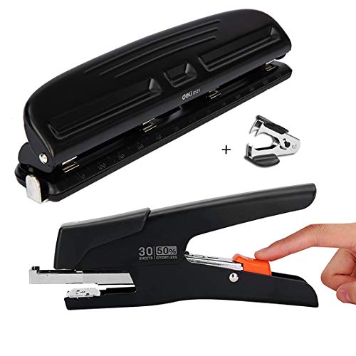 Desktop Stapler Set, Deli 30 Sheets Effortless Office Stapler and 4 Hole Punch and Staple Remover Set, Durable Metal Stapler, Quality Assurance