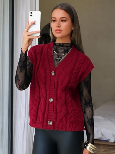 EXLURA Women's Fall Fashion Sweaters Vest Tops Sleeveless Button Down V Neck Chunky Cable Knit Cardigan Trendy Outfits 20252