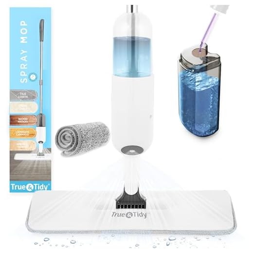 True & Tidy Multi-Surface Spray Mop with Refillable Water Bottle, Use Any Cleaning Solution Easy to Fill and Refill with Machine Washable Mop Pad, SPRAY-250, White