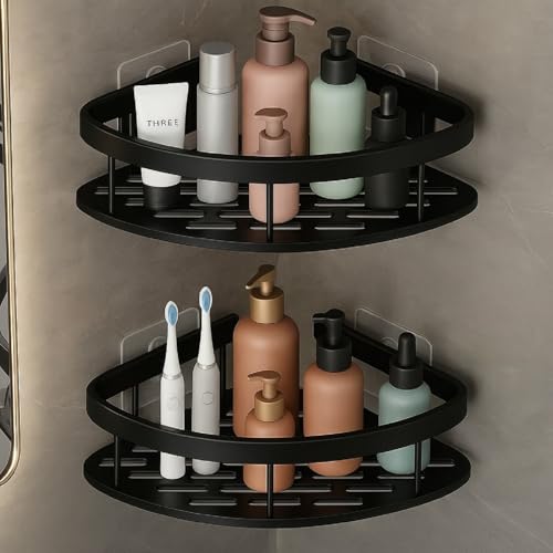 Image of Misamo Enterprise Self Adhesive Aluminum Corner Shelf for Bathroom & Kitchen | Wall Mounted Storage Rack Organizer | No Drilling Bathroom Accessories Holder (Black,Pack of 2)