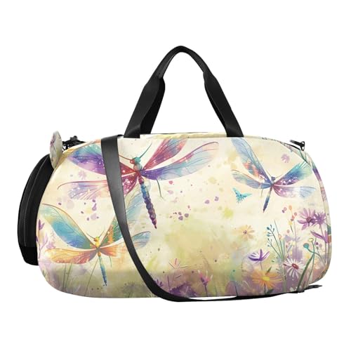 YETTASBIN Sport Travel Duffel Bag for Girls Boys, Dragonfly Large Waterproof Weekender Overnight Bag, Detachable Shoulder Strap Gym Bag with Shoe Compartment & Wet Pocket2