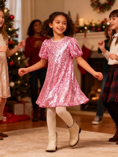 Image of WELAKEN Girls Ombre Sequin Dress Sparkly Fancy Short Puff Sleeves Gradient Party Dress