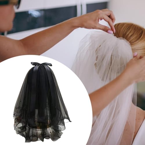 Black Lace Veil for Wedding and Engagement Celebrations with Comb, 60-80cm/23.62-31.50inch Bridal Headpiece for Formal Dresses and Photography- With Clip Bow Decor4