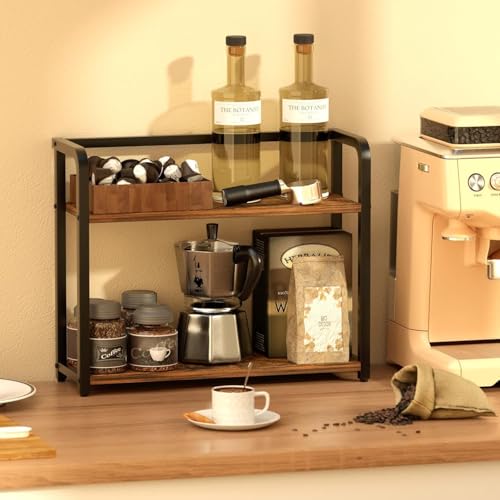 Image of Abja Novelties Kitchen Countertop Organizer, Shelf Rack For Kitchen Storage, Wooden Shelf, 2 Tier Spice, Oil Stand, Tabletop Rack For Makeup, Office (Rustic Brown, 2 Tier)