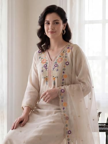 Image of INDO ERA Women's Cotton Blend Solid Straight Kurta Palazzo With Dupatta Set