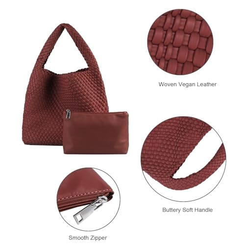 Image of Woven Tote Bag for Women with Purse, Vegan Leather Hobo Bags Large Handmade Underarm Shoulder Bag