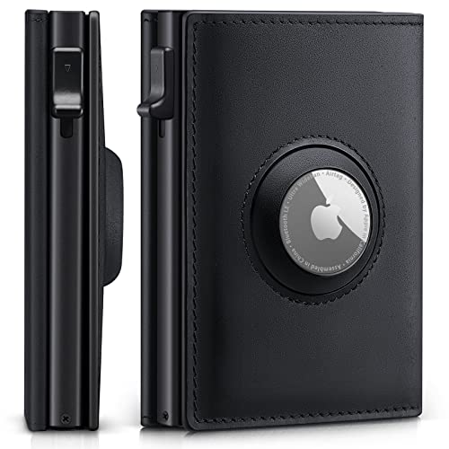 LATKWO Air Tag Wallet,Mens wallet RFID Blocking Pop Up Wallet Credit card Holder wallet for men，Genuine Leather minimalist for AirTag wallet Black (AirTag not included)