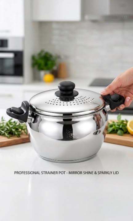 Image of Klassi Kichen Stainless Steel Strainer Pot with Glass Lid, 3.5 Litre Built-in Strainer Lid, Induction & Gas Stove Compatible, Mirror Finish Food Grade Cooking Pot for Pasta, Oval