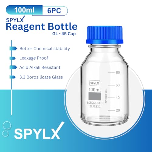 Image of Borosilicate Glass reagent bottle 100ml with leak proof Blue Screw Cap pack of 6 for glassware wide mouth chemical bottles for lab, laboratory, kitchen and professional use