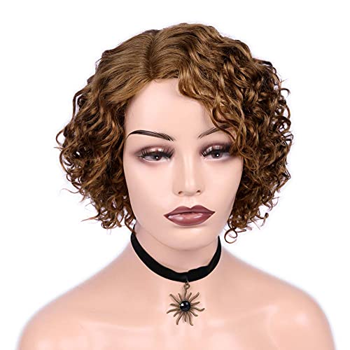 FAVE Short Curly Bob Wigs 100% Brazilian Virgin Human Hair Wigs for Black Women Honey Blonde Pixie Cut Lace Part Wig Glueless Bob Wigs Human Hair Pre Plucked(30#,8 Inches)