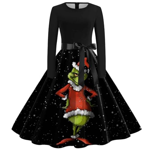 Grinch Kostüm, Weihnachtskleid Damen Lustig Swing A Linie Kleid Festival Abendkleid Langarm Rundhals Cocktailkleid Midikleid Grinch Kostüm...