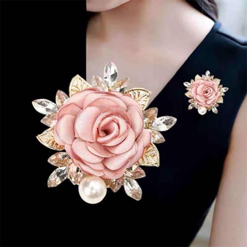 Image of Rose Flower Brooch for Women Large Flower Brooch Elegant Pearl Brooches Handmade Crystal Pearl Pins Fabric Floral Lapel Pin Christmas Valentine's Day Dress Suit Accessories