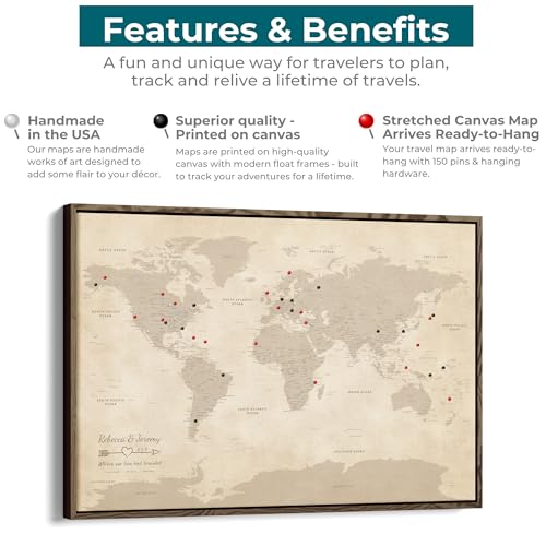 Image of Vintage Canvas Travel Pin Map of the World - Oversized Antique Style World Map with Pins - Personalized Framed Wall Art - Natural Float Frame - 34 inch x 51 inch