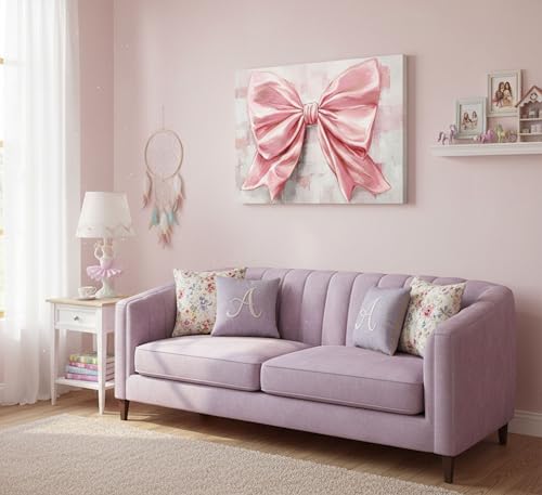 Image of Pink Bow Canvas Wall Art Trendy Cute Preppy Watercolor Bow Painting Pictures Wall Decor Posters Prints Girly Aesthetic for College Apartment Bedroom Decoration