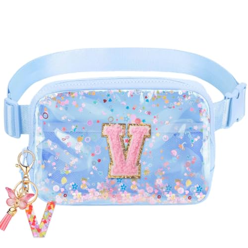 Image of Initial Fanny Pack for Girls - Belt Bag for Teens Kid Teen Girl Kid Birthday Gift Blue Clear V