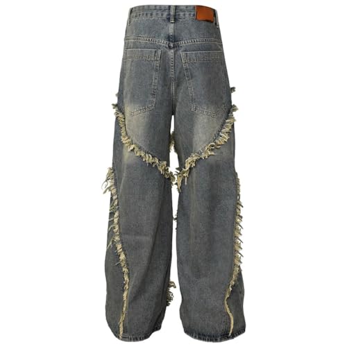 Men's Tassel Patchwork Vintage Jeans, Streetwear, Harajuku Hip Hop, Baggy Loose Fit Denim3