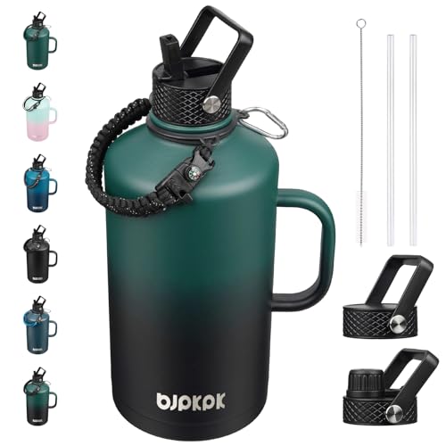 Image of BJPKPK 1 Gallon Water Bottle Insulated with Straw Lid, 128oz Large, Stainless Steel Water Bottles with 3 Lids and Paracord Strap,Double Wall Vacuum Metal Water Jug,Army Green&Black