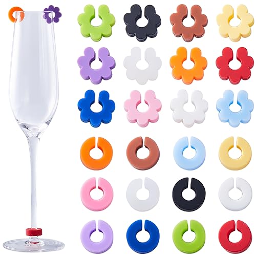 GORGECRAFT 24PCS 2 Styles Floral Silicone Wine Glass Charms Drink Markers Reusable Round Silicone Wine Marker Sets for Identification Cocktail Martini Wine Wedding Party Glass Favors Champagne Flutes