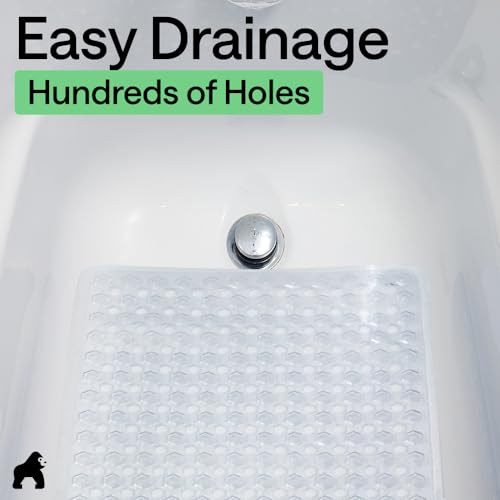 Image of GORILLA GRIP Patented Bath Tub Shower Mat, 2 Pack, Machine Washable Bathtub Floor Liner Mats, Suction Cups and Drain Holes to Keep Tubs Clean, Soft on Feet, Bathroom Essentials, 35x16 Inch, Clear