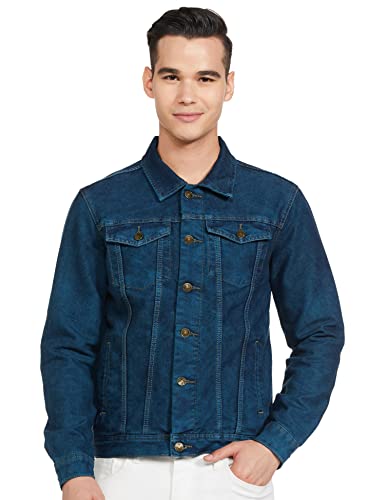Image of The Indian Garage Co Men Blue Slim Fit Solid Denim Trucker Jacket