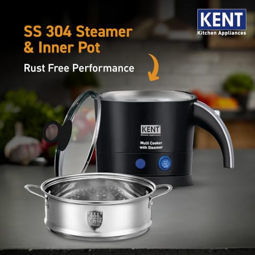 Image of KENT Electric Multicooker /Kettle with Steamer 1.2L 800W | Boiling of Water, Tea,Eggs, Instant Noodle Maker, Steaming idlis, Momos & Vegetables | Inner Stainless Steel & Cool Touch Outer Body | Black