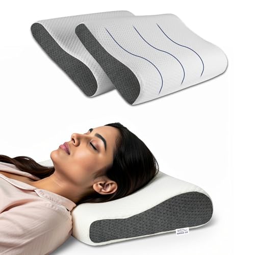 Image of GADDA CO Memory Foam Cervical Neck Pillow for Neck & Shoulder Pain-Orthopedic Pillow for Sleeping, Posture & Spinal Alignment, Pain Relief, Size-19.5x11x3.5 in, White & Grey,2-Year Warranty-Pack of 2