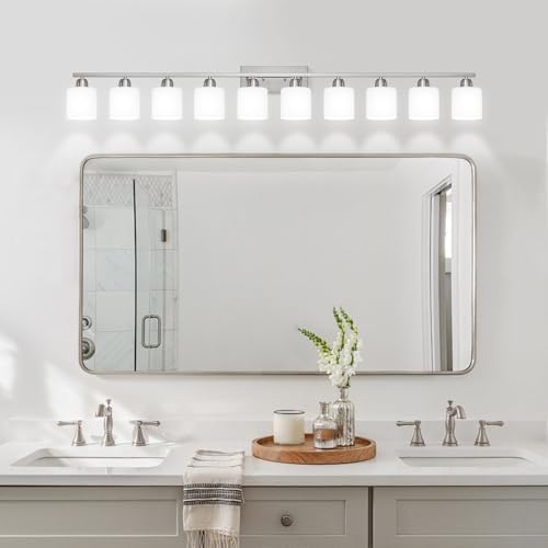 Image of Brushed Nickel Bathroom Sink Lighting Fixtures for Giant Mirror, Anti-Rust Finish 65 inch 10 Light Bathroom Vanity Light Fixtures Modern with Milky White Frosted Glass