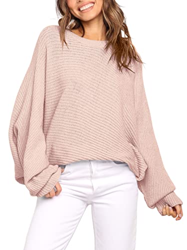 Anrabess Sweaters For Women Fashion 2022 Lantern Puff Sleeve Solid Round Neck Drop Shoulder Pullover Top 411Fen-L Pink #TOP13