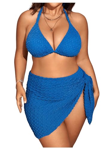MakeMeChic Women's Plus Size 3 Piece Bikini Sets Tie Backless Halter Triangle Swimsuit Bathing Suit Cover Up Beach Skirts