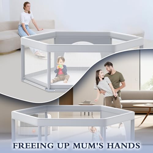 Image of XVISHX 65x65 Inch Hexagonal Baby Playpen, Playpen for Babies and Toddlers, Baby Play Pen Playard for Indoor & Outdoor Active Center Game Fence, with Skin-Friendly Fabric and Soft Breathable Mesh