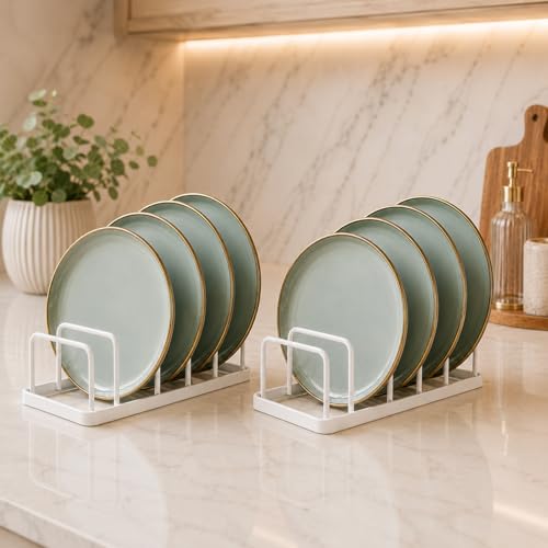 Homeze Dish Drying Rack for Kitchen Counter | Carbon Steel Plate Stand & Pot Lid Organizer | 5 Slot Dish Drainer for Plates, Cutting Boards & Trays | Rust Resistant Cabinet Storage Rack – White(2 Set)