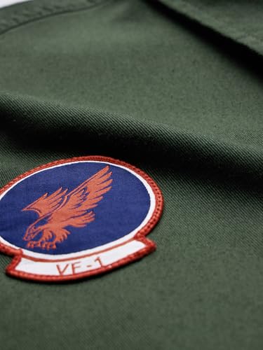 Image of The Souled Store Official Top Gun: Flight Crew Men and Boys Long Sleeves Collared Neck Button Front Green Patch Embroidery Regular Fit Cotton Shirts