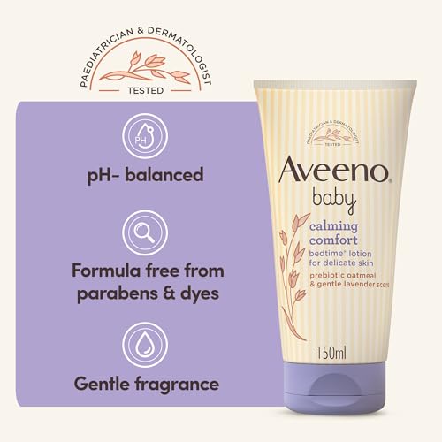 Aveeno Baby Calming Comfort Bedtime Lotion (1 x 150ml), Calming Lavender Scent & Prebiotic Oatmeal Baby Lotion, Gentle Formula, Hydrates and Helps Protect Delicate Skin, Moisturises Skin for 24 Hours