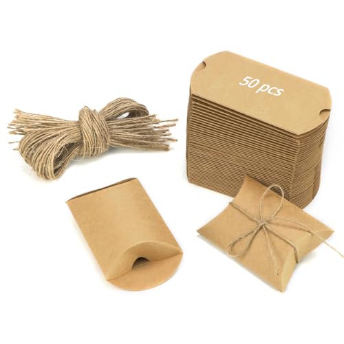 QWORK® 50 Stück Geschenkschachteln, Vintage Geschenkboxen, Kraftpapier Verpackung Box mit Juteschnur, für Süßigkeiten, Schmuck, Hochzeiten