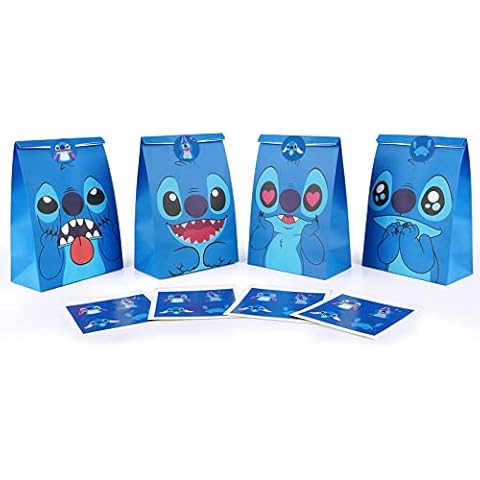 Stitch Party Bags-16 Pcs Bule Dog Kraft Paper Favor Bags, Fit Kids Goodie, stuffed candy, small toy, etc. Blue Loot Bags Perfect for Cartoon Alien Dog Themed Party Supplies Cover