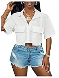 WDIRARA Women's Button Down Asymmetrical Blouse Short Sleeve Collared Crop Tops White Medium
