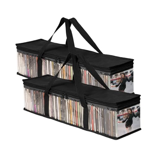 2 sacos de armazenamento de DVD, bolsa organizadora de mídia para DVD, CD, discos Blu Ray, capas de filmes, caixa VHS, discos de videojogos, suportes de plástico transparente com alças de