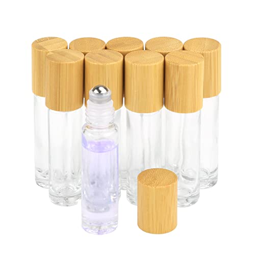 10ml(1/3oz) Roll On Bottles,10 Pack Glass Roller Bottles Essential Oil Bottles Perfume Cosmetic Sample Bottles With Stainless Steel Roller Ball&Bamboo Lids