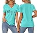 Blessed Shirts Women Cute Heart Graphic Tee V-Neck Short Sleeve Thankful T Shirt Casual Christian Religious Faith Top Sky Blue