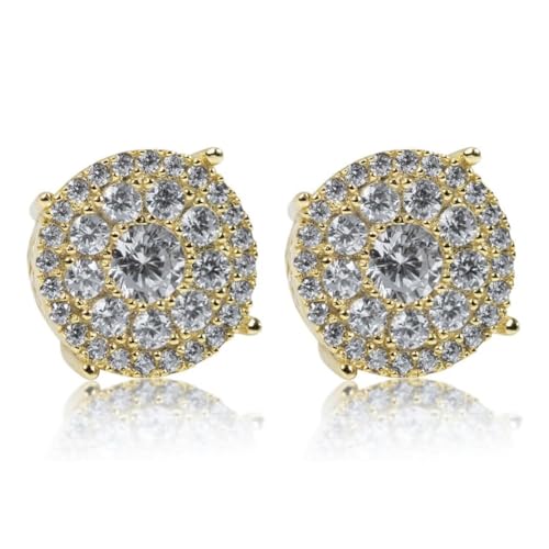 Flower Cluster 14k Yellow Gold Plated 925 Sterling Silver Large Round Hypoallergenic CZ Stone Ice Out Screw On Back Hip Hop Stud Big Circle Shape Earrings For Men
