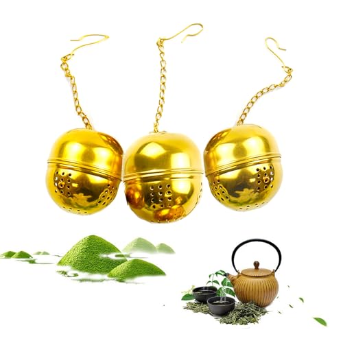 CTForest 3 Pcs Colador Te, Cadena de Gancho Bolas Infusoras, Esférico Filtro para Te e Onfusiones para Especias Té Herb(Oro)