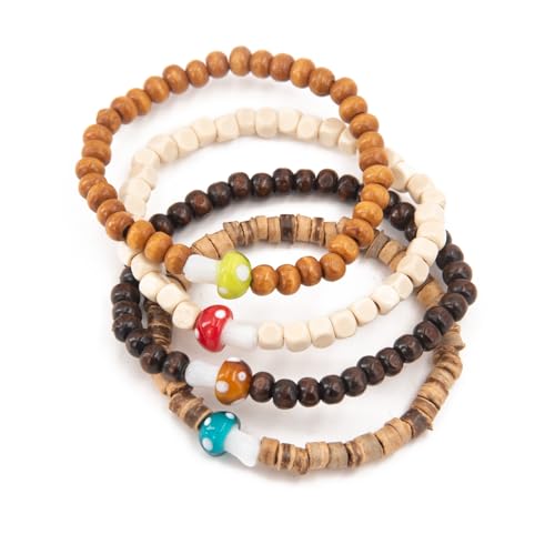 4-Piece Set of Unique Wooden Mushroom Beaded Elastic Bracelets - Unisex, Rustic Bohemian Style, Multi-Color,Good Gifts for Mom,Dad, Boyfriend, Girlfriend, Best Friend,Roommate or Classmate.2