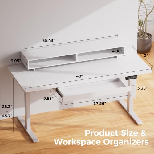 Image of GTPLAYER Electric Standing Desk with Drawers, 48 x 24 Inch Height Adjustable Gaming Desk with Monitor Stand, Power Outlets & LED Lights, Home Office Sit Stand Up Desk with Memory Preset (White)