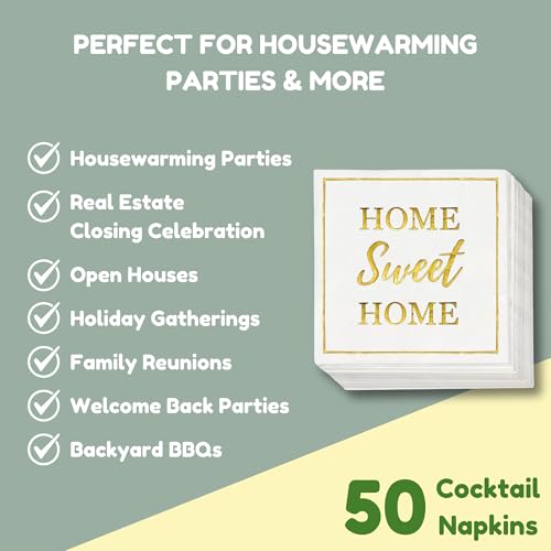 Housewarming Party Decorations Napkins, 50 Pack, Home Sweet Home Paper Napkin in White and Gold Foil, New Home Gift Ideas, Open House Real Estate Agent Gifts to Clients - Image 4