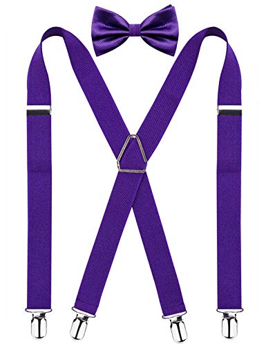 Alizeal Mens 4 Clips X-Back Solid Suspenders Pre Tied Bow Tie Set Elastic Adjustable Braces Dark Purple