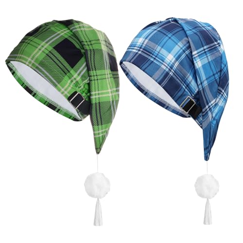 cnomg 2pcs Sleeping Cap for Men Pajama Cap Adjustable Buffalo Plaid Night Hat with Pom Ball Tassel Daily Use Winter Christmas (US, Alpha, Medium, 7 1/2, Blue, Green)