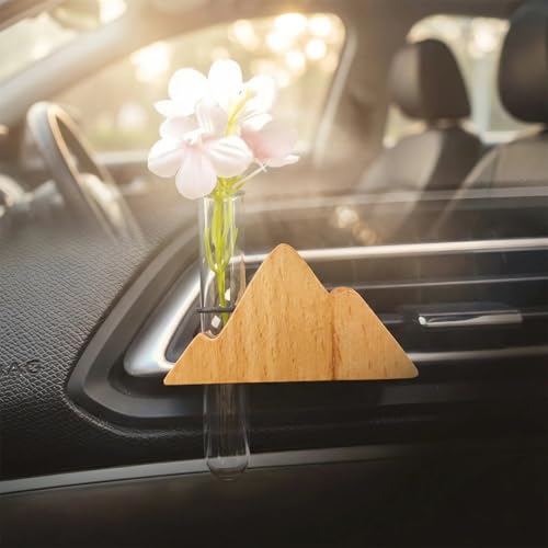 Image of Little Glass Flower Vase Air Vent Clip, Wooden Stand Car Aroma Diffuser, Car Air Vent Decor Plant Holder, Auto Interior Decorations (Beech Peak)