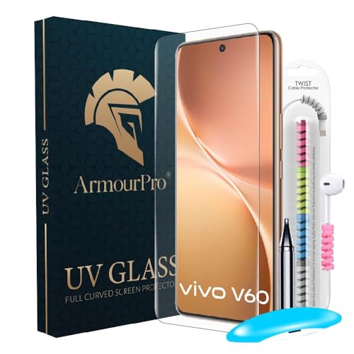 Image of ArmourPro UV Glue Tempered Glass for Vivo V60, Vivo V60e Curved Screen Protector, Edge-to-Edge Coverage, 9H Anti Scratch, HD Clarity, Easy UV Kit with Cable Protector