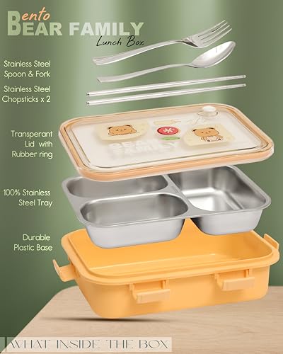 Image of Brand Conquer Lunch Box Leak-Proof BPA Free Stainless Steel for School, Lunch Box for School & Office with a Fork, a Spoon and a Pair of Chopsticks (Yellow, Bear Family 3 Compartment)